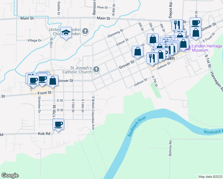 map of restaurants, bars, coffee shops, grocery stores, and more near 1107 Front Street in Lynden