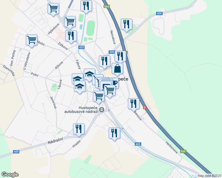 map of restaurants, bars, coffee shops, grocery stores, and more near Dukelské náměstí in Břeclav