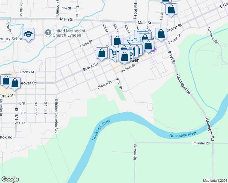 map of restaurants, bars, coffee shops, grocery stores, and more near 703 Judson Street in Lynden