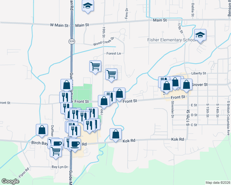 map of restaurants, bars, coffee shops, grocery stores, and more near 410 19th Street in Lynden