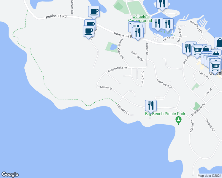 map of restaurants, bars, coffee shops, grocery stores, and more near 853 Marine Drive in Ucluelet