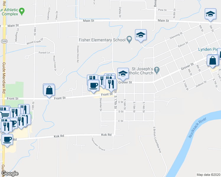 map of restaurants, bars, coffee shops, grocery stores, and more near 1706 Front Street in Lynden