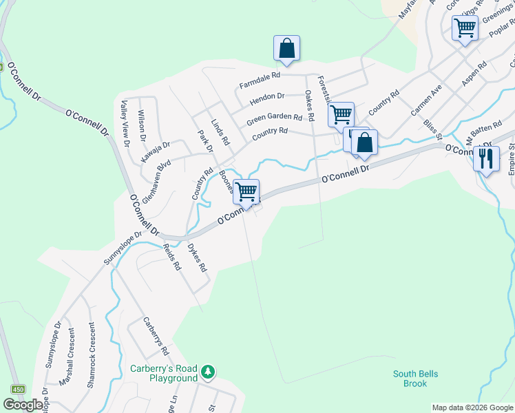 map of restaurants, bars, coffee shops, grocery stores, and more near 396 O'Connell Drive in Corner Brook
