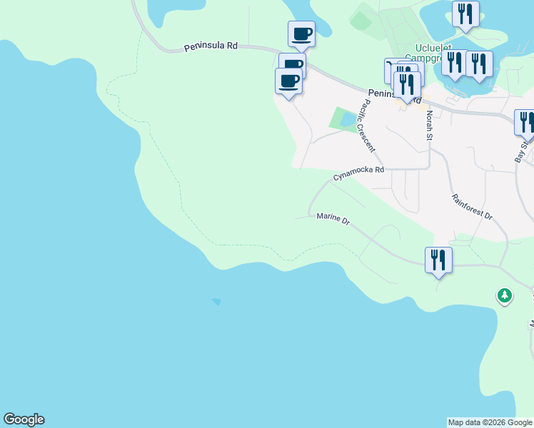 map of restaurants, bars, coffee shops, grocery stores, and more near in Ucluelet