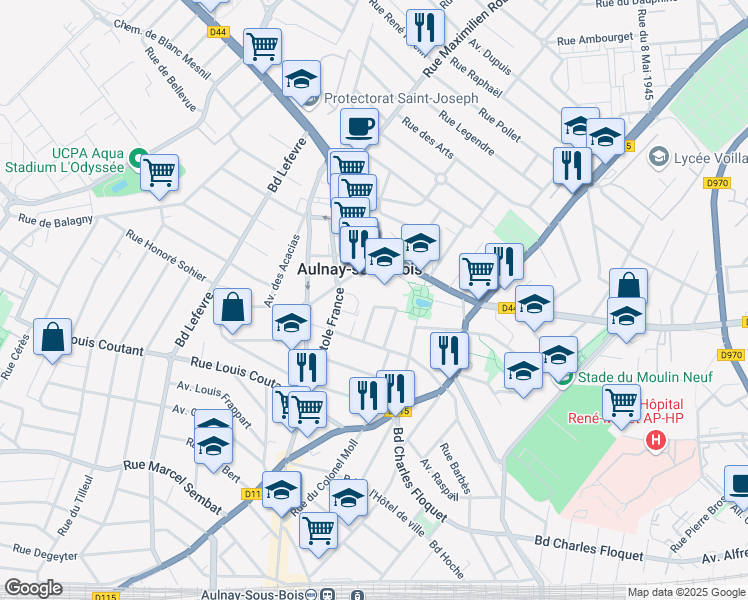 map of restaurants, bars, coffee shops, grocery stores, and more near 17 Rue des 2 Ponts in Aulnay-sous-Bois