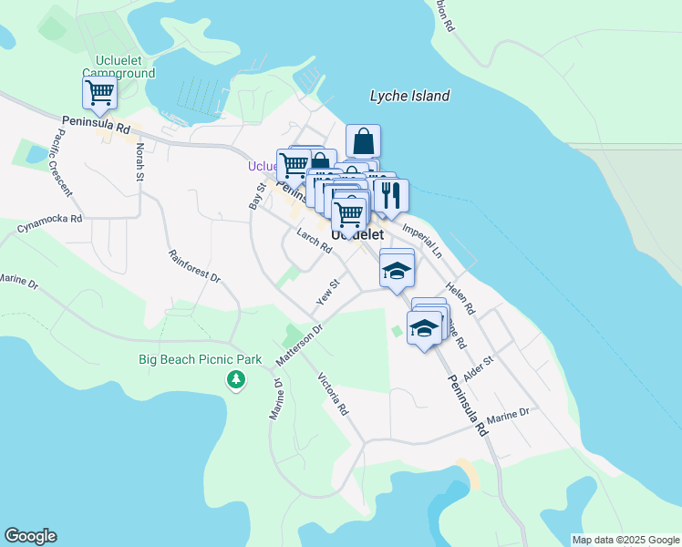 map of restaurants, bars, coffee shops, grocery stores, and more near 321 Yew Street in Ucluelet