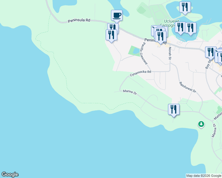 map of restaurants, bars, coffee shops, grocery stores, and more near Forbes Road in Ucluelet