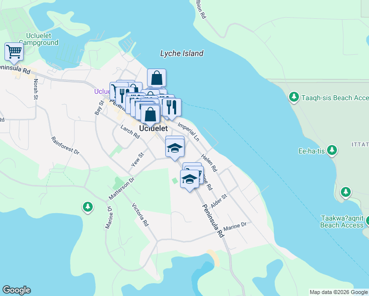 map of restaurants, bars, coffee shops, grocery stores, and more near 269 Matterson Drive in Ucluelet