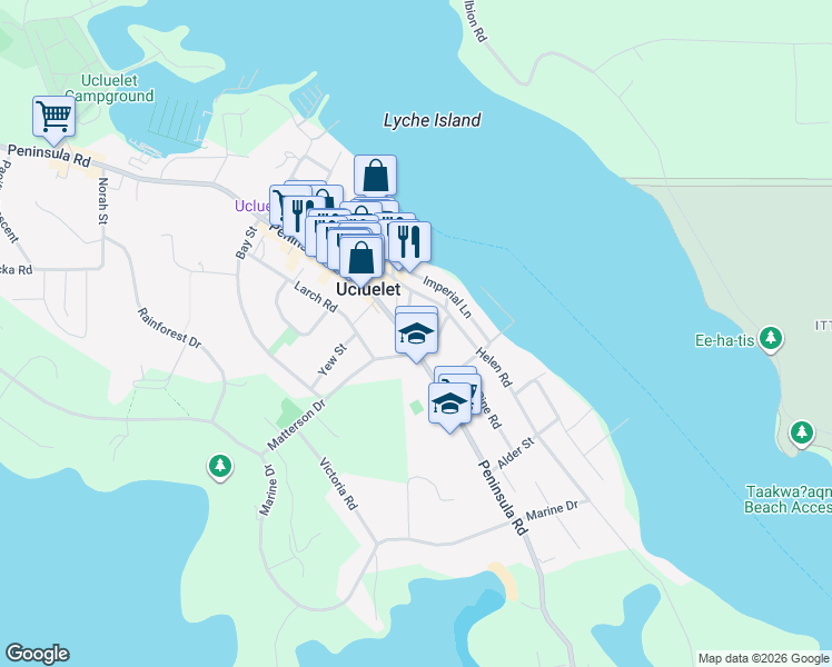 map of restaurants, bars, coffee shops, grocery stores, and more near 1527 Peninsula Road in Ucluelet