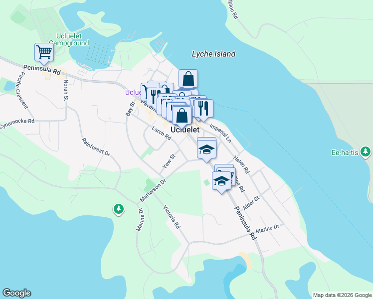 map of restaurants, bars, coffee shops, grocery stores, and more near 1536 Peninsula Road in Ucluelet