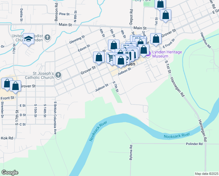 map of restaurants, bars, coffee shops, grocery stores, and more near 703 Judson Street in Lynden