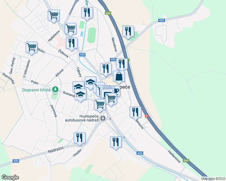 map of restaurants, bars, coffee shops, grocery stores, and more near 1-2 Dukelské náměstí in Břeclav