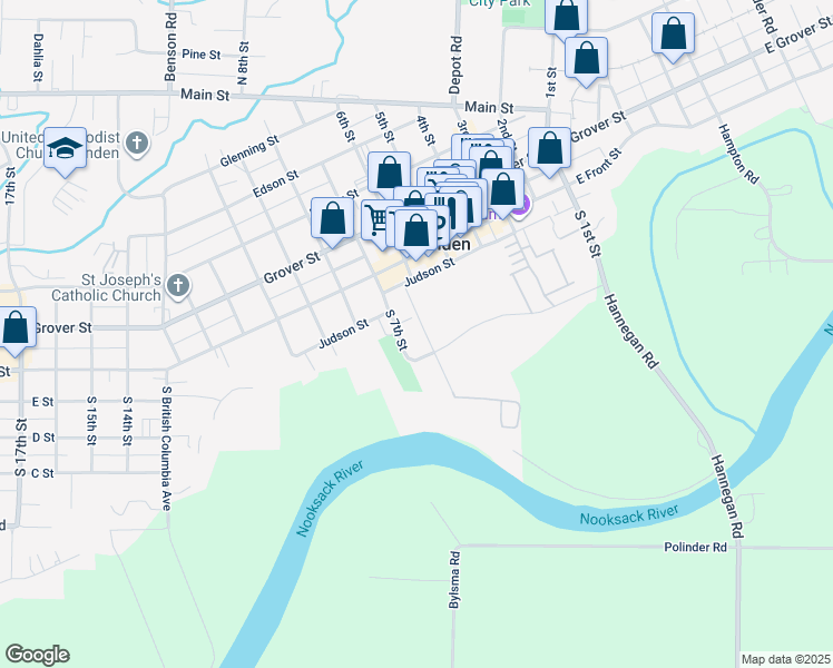 map of restaurants, bars, coffee shops, grocery stores, and more near 616 Riverview Road in Lynden