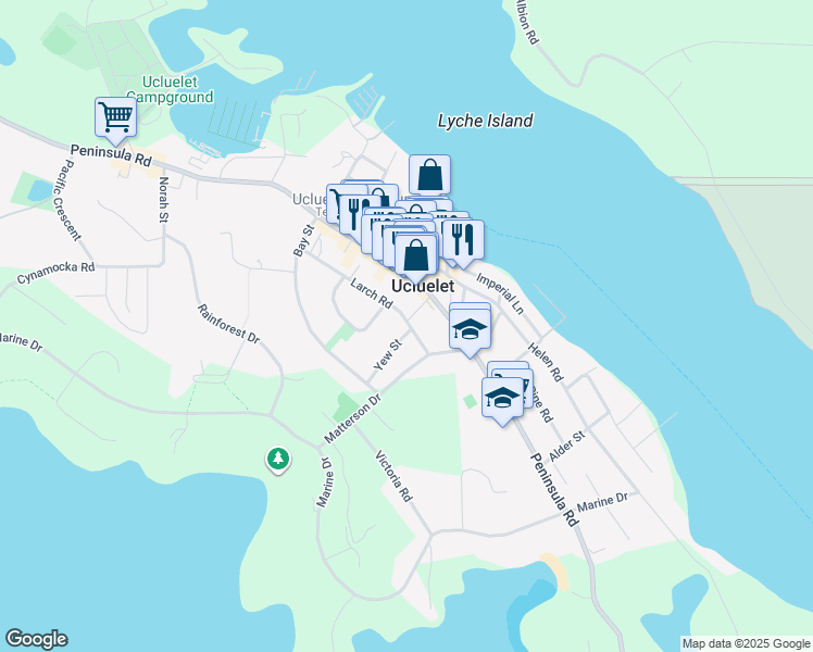 map of restaurants, bars, coffee shops, grocery stores, and more near 321 Yew Street in Ucluelet