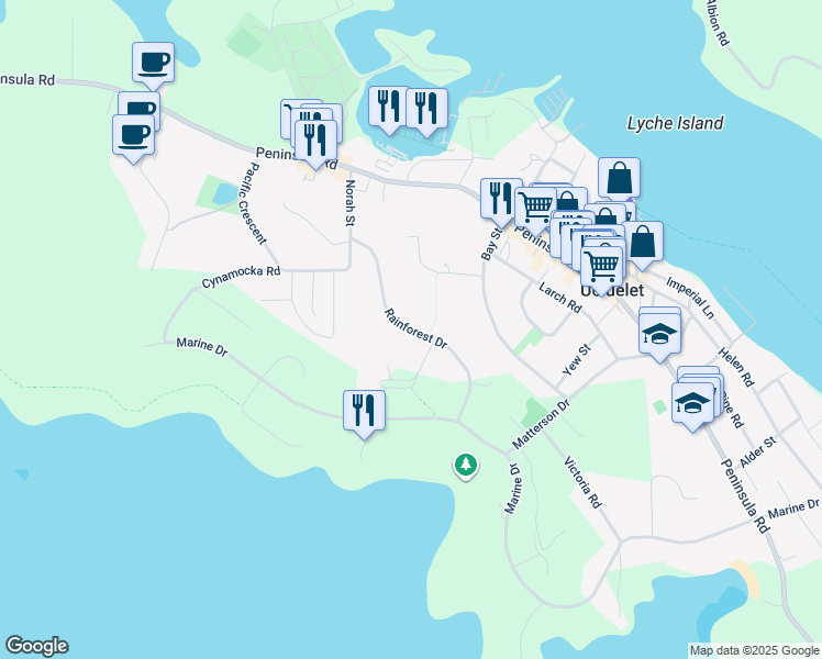 map of restaurants, bars, coffee shops, grocery stores, and more near Rainforest Drive in Ucluelet