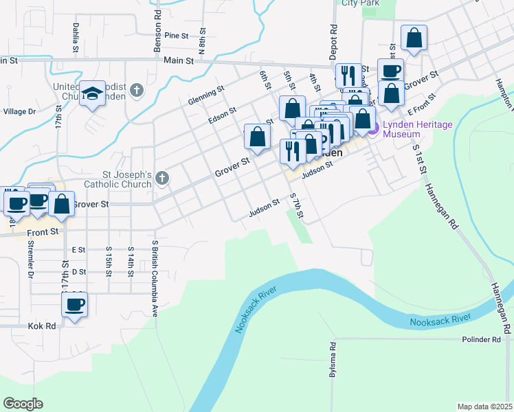 map of restaurants, bars, coffee shops, grocery stores, and more near 115 South 9th Street in Lynden
