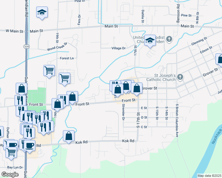 map of restaurants, bars, coffee shops, grocery stores, and more near 106 Fairside Drive in Lynden