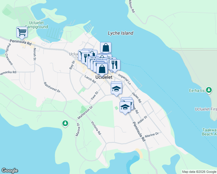 map of restaurants, bars, coffee shops, grocery stores, and more near 1536 Peninsula Road in Ucluelet