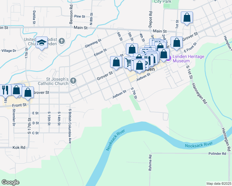 map of restaurants, bars, coffee shops, grocery stores, and more near 115 South 9th Street in Lynden