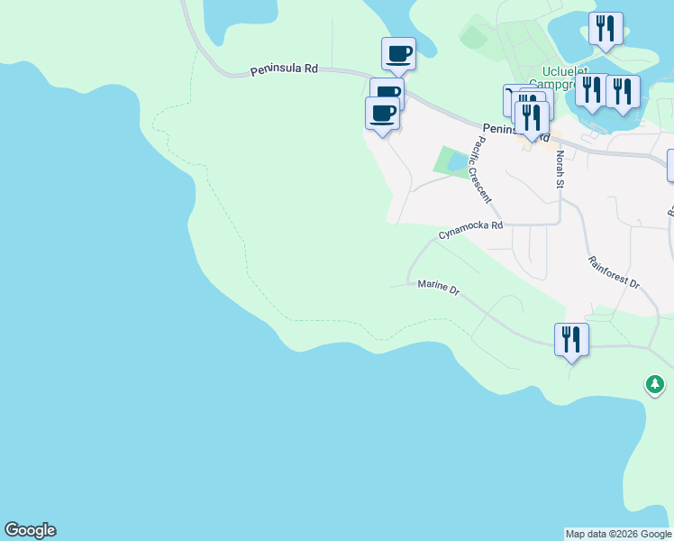 map of restaurants, bars, coffee shops, grocery stores, and more near in Ucluelet