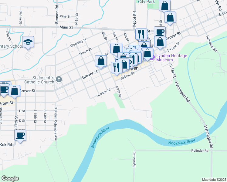 map of restaurants, bars, coffee shops, grocery stores, and more near 703 Judson Street in Lynden