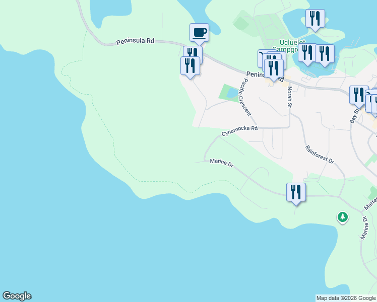 map of restaurants, bars, coffee shops, grocery stores, and more near Forbes Road in Ucluelet