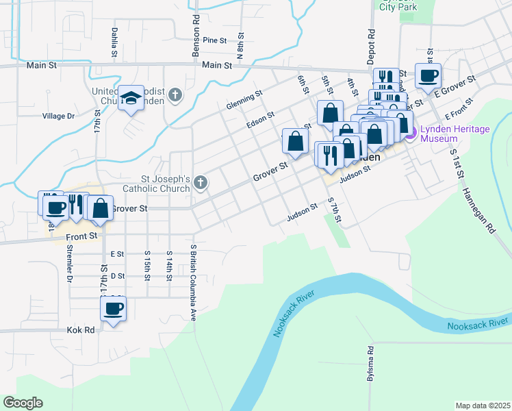 map of restaurants, bars, coffee shops, grocery stores, and more near 1000 Front Street in Lynden