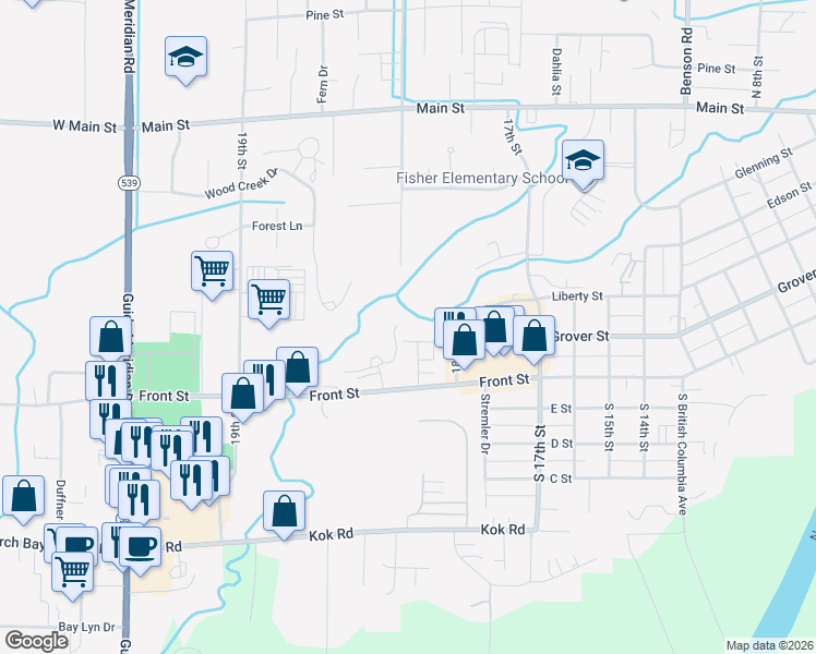 map of restaurants, bars, coffee shops, grocery stores, and more near 107 Fairside Drive in Lynden