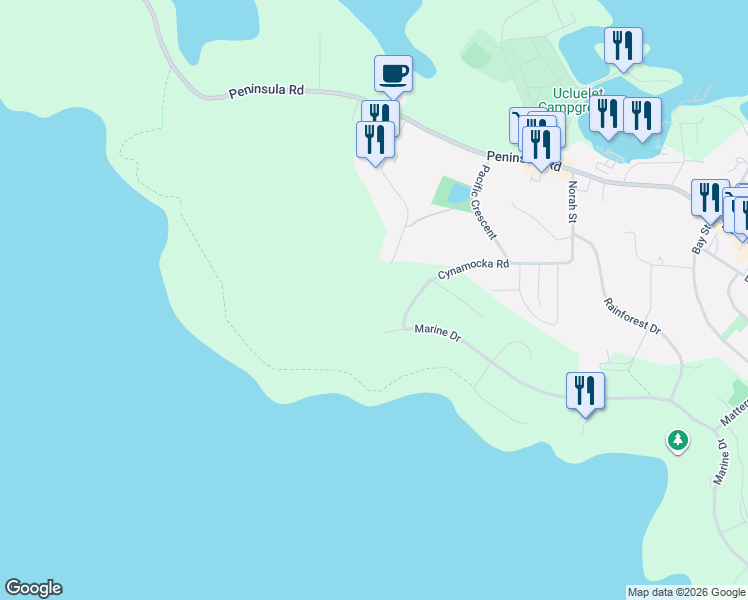 map of restaurants, bars, coffee shops, grocery stores, and more near Forbes Road in Ucluelet