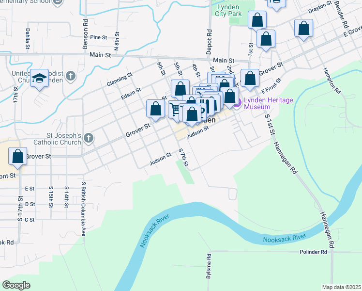 map of restaurants, bars, coffee shops, grocery stores, and more near 1706 Front Street in Lynden