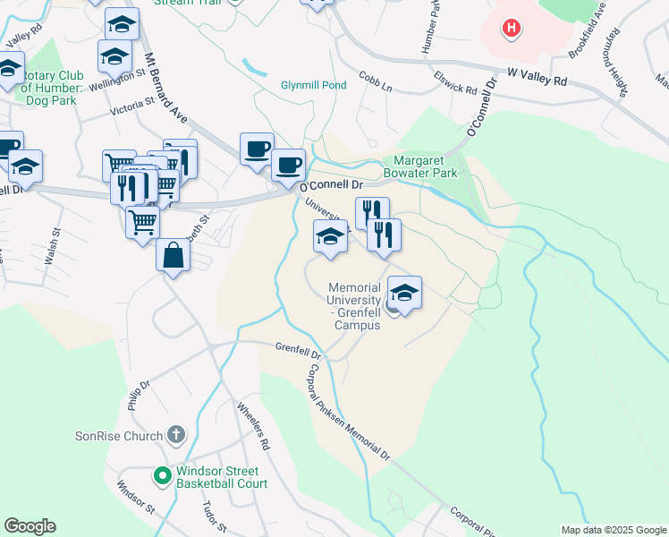 map of restaurants, bars, coffee shops, grocery stores, and more near 12 University Drive in Corner Brook
