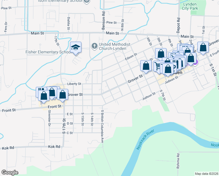 map of restaurants, bars, coffee shops, grocery stores, and more near 1176 Grover Street in Lynden