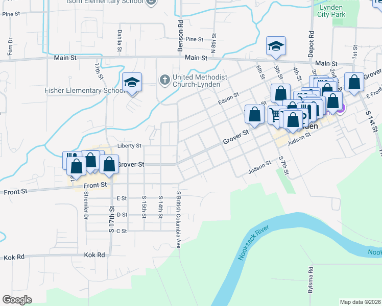 map of restaurants, bars, coffee shops, grocery stores, and more near 1174 Grover Street in Lynden