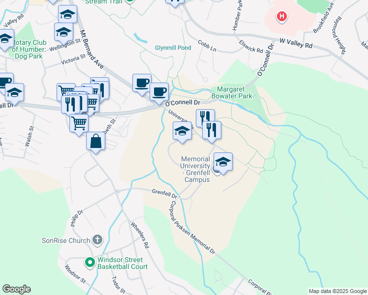 map of restaurants, bars, coffee shops, grocery stores, and more near 12 University Drive in Corner Brook