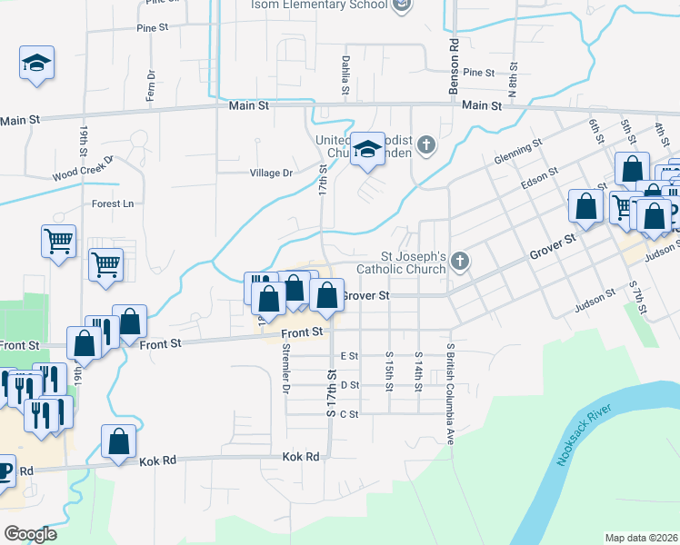 map of restaurants, bars, coffee shops, grocery stores, and more near 1610 Grover Street in Lynden