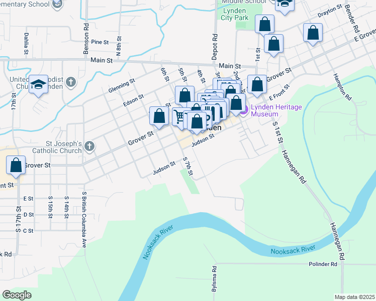 map of restaurants, bars, coffee shops, grocery stores, and more near 109 South 7th Street in Lynden