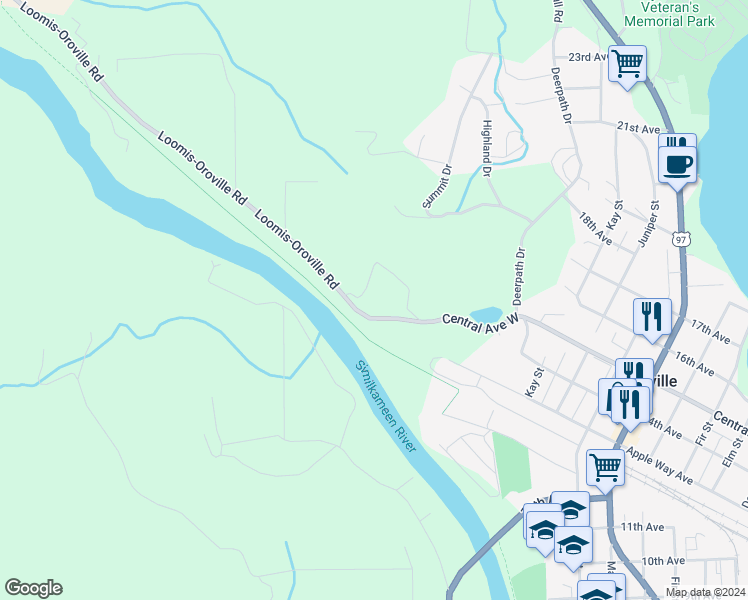 map of restaurants, bars, coffee shops, grocery stores, and more near 3649 Loomis-Oroville Road in Oroville