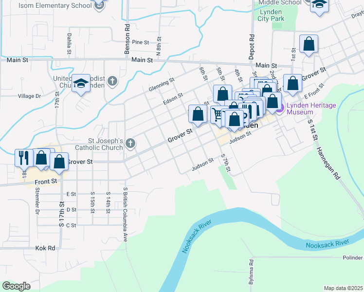 map of restaurants, bars, coffee shops, grocery stores, and more near 103 9th Street in Lynden
