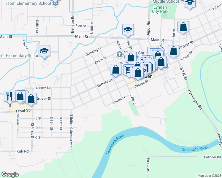 map of restaurants, bars, coffee shops, grocery stores, and more near 814 Front Street in Lynden