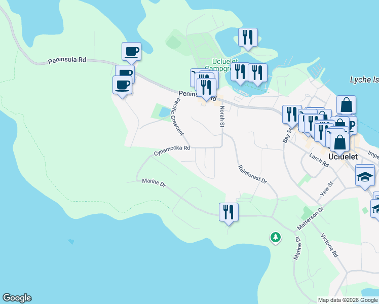 map of restaurants, bars, coffee shops, grocery stores, and more near 1950 Cynamocka Road in Ucluelet