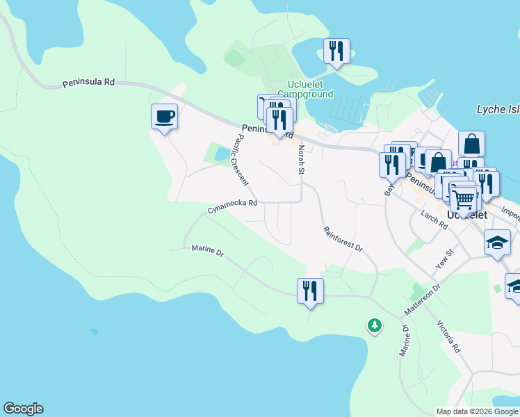 map of restaurants, bars, coffee shops, grocery stores, and more near 1950 Cynamocka Road in Ucluelet