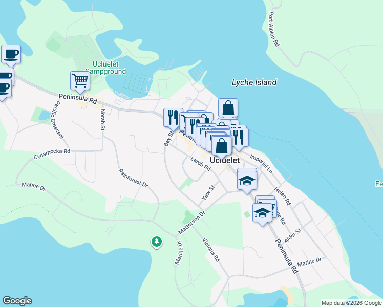 map of restaurants, bars, coffee shops, grocery stores, and more near 1648 Peninsula Road in Ucluelet