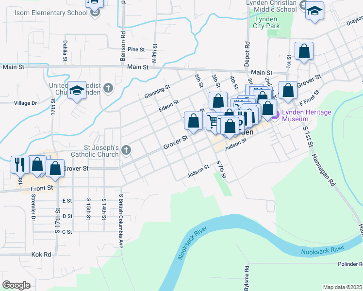 map of restaurants, bars, coffee shops, grocery stores, and more near 815 Grover Street in Lynden