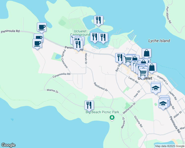 map of restaurants, bars, coffee shops, grocery stores, and more near 869 Rainforest Drive in Ucluelet