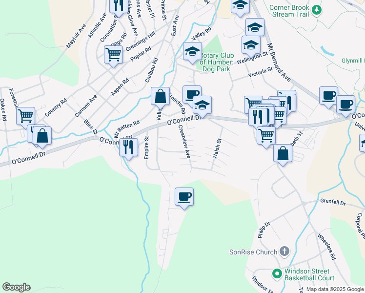 map of restaurants, bars, coffee shops, grocery stores, and more near 22 Crestview Avenue in Corner Brook