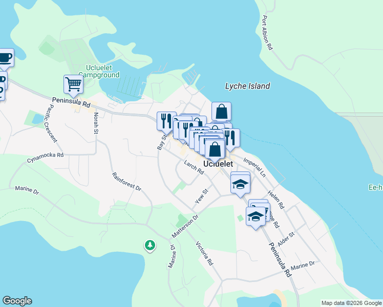 map of restaurants, bars, coffee shops, grocery stores, and more near 1648 Peninsula Road in Ucluelet