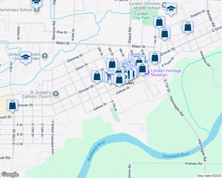 map of restaurants, bars, coffee shops, grocery stores, and more near 1706 Front Street in Lynden