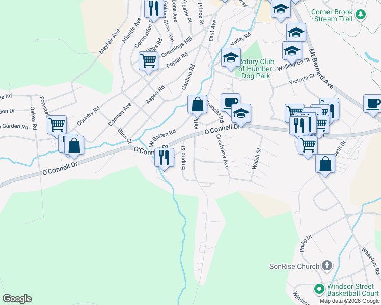 map of restaurants, bars, coffee shops, grocery stores, and more near 12 Bayview Heights in Corner Brook