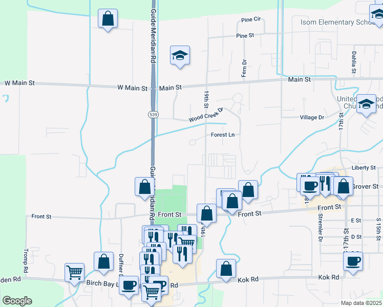map of restaurants, bars, coffee shops, grocery stores, and more near 1936 Front Street in Lynden
