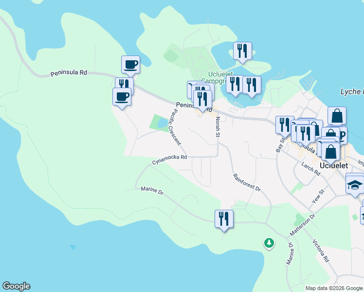 map of restaurants, bars, coffee shops, grocery stores, and more near 386 Pacific Crescent in Ucluelet